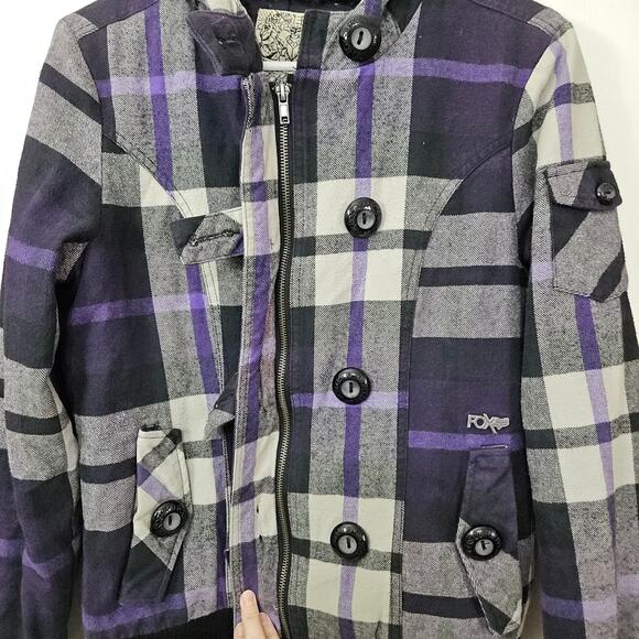 Y2K Fox Rider Faux Fur Lined Plaid Hoodie Jacket Purple/Black Size Medium - Picture 7 of 10